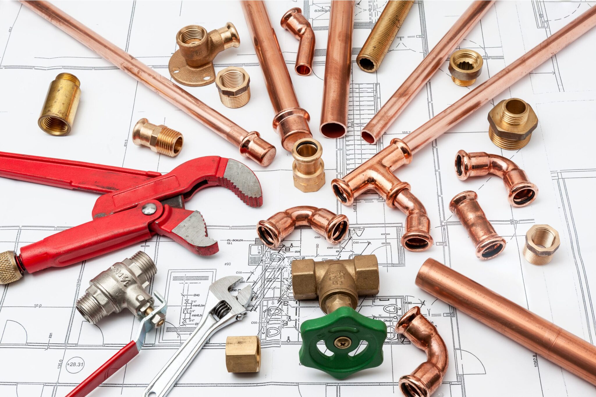 Copper pipes, fittings, valves, and plumbing tools in San Jacinto