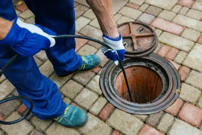 Plumber cleaning an outdoor sewer drain in San Jacinto