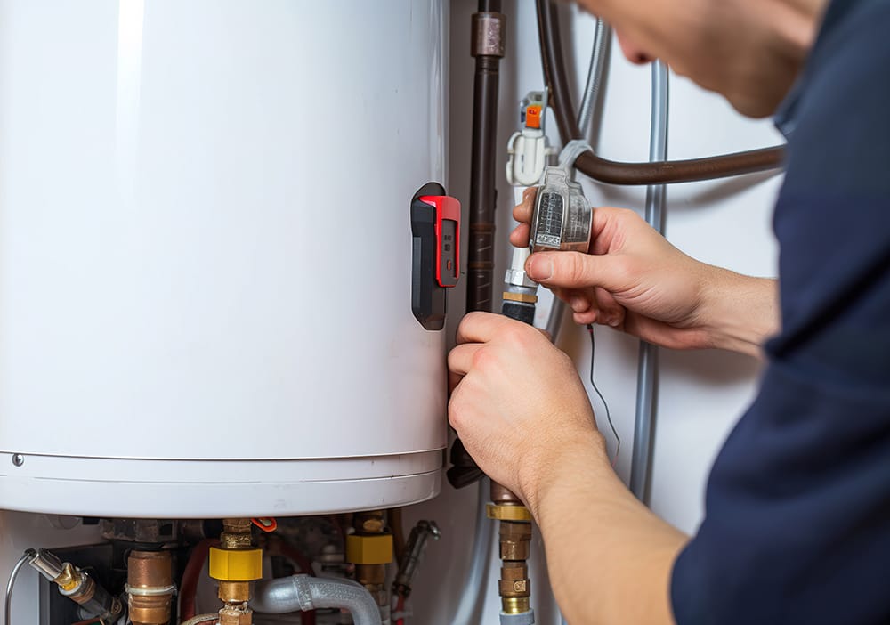 Technician repairing pipes connected to a water heater in San Jacinto